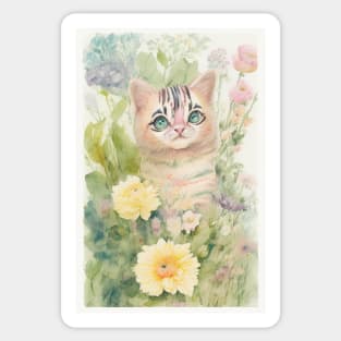 Striped Cat in the Flower Garden Soft Pastel Colors Sticker